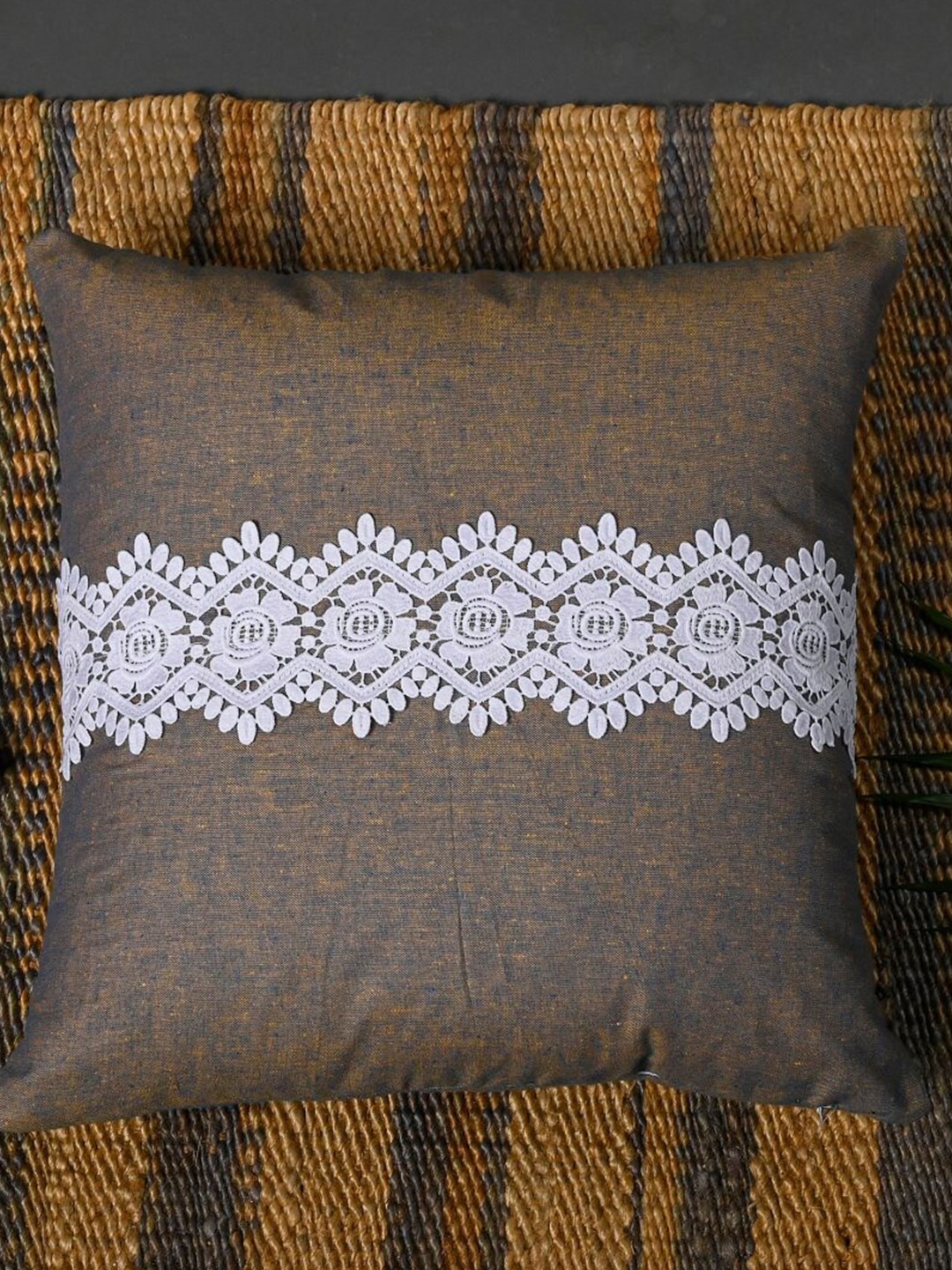 

OUSSUM Brown & White 2 Pieces Lace Design Cotton Square Cushion Covers