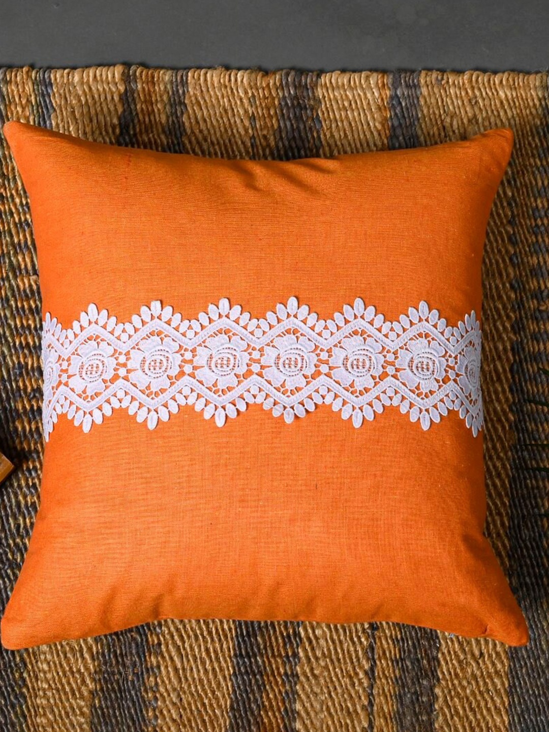 

OUSSUM Orange & White 2 Pieces Lace Design Cotton Square Cushion Covers