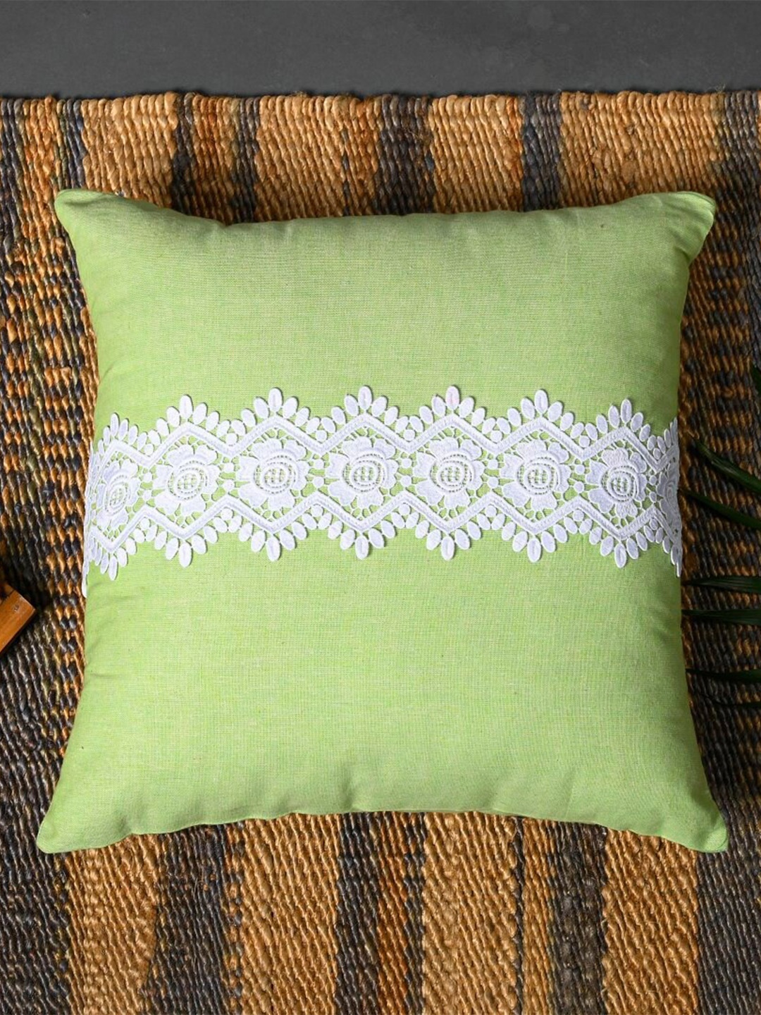 

OUSSUM Green & White 2 Pieces Lace Design Cotton Square Cushion Covers