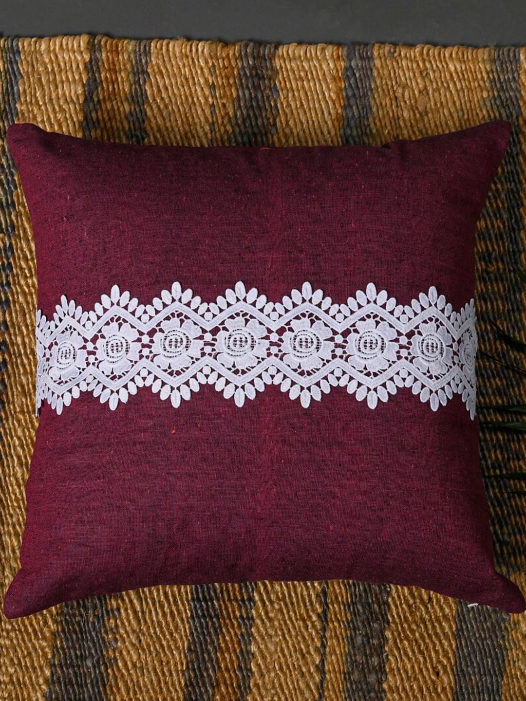 

OUSSUM Pink & White 2 Pieces Lace Design Cotton Square Cushion Covers