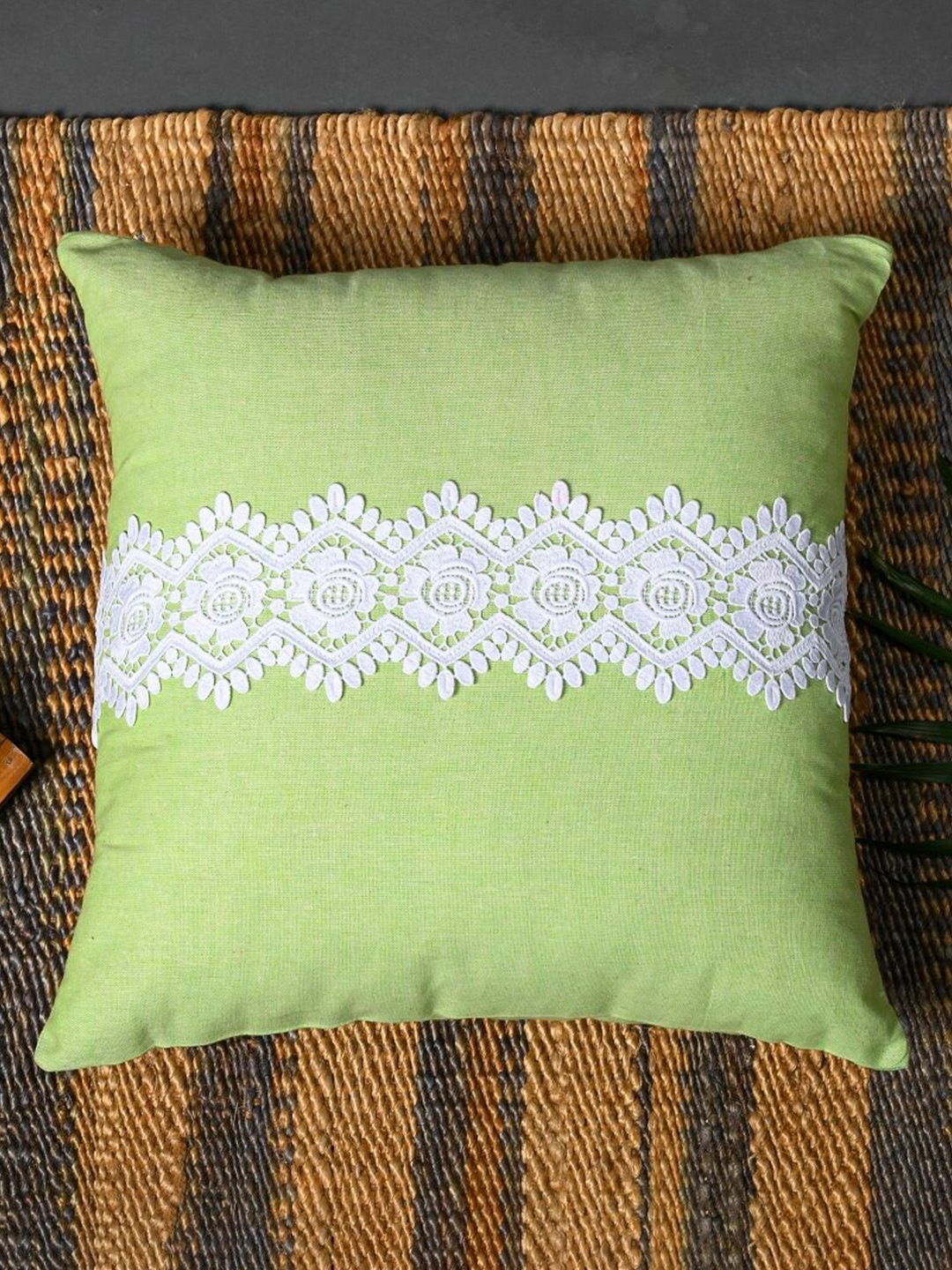 

OUSSUM Green & White 2 Pieces Lace Design Cotton Square Cushion Covers