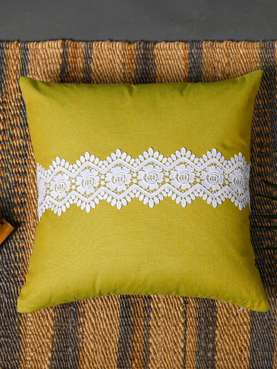 

OUSSUM Yellow & White 2 Pieces Lace Design Cotton Square Cushion Covers