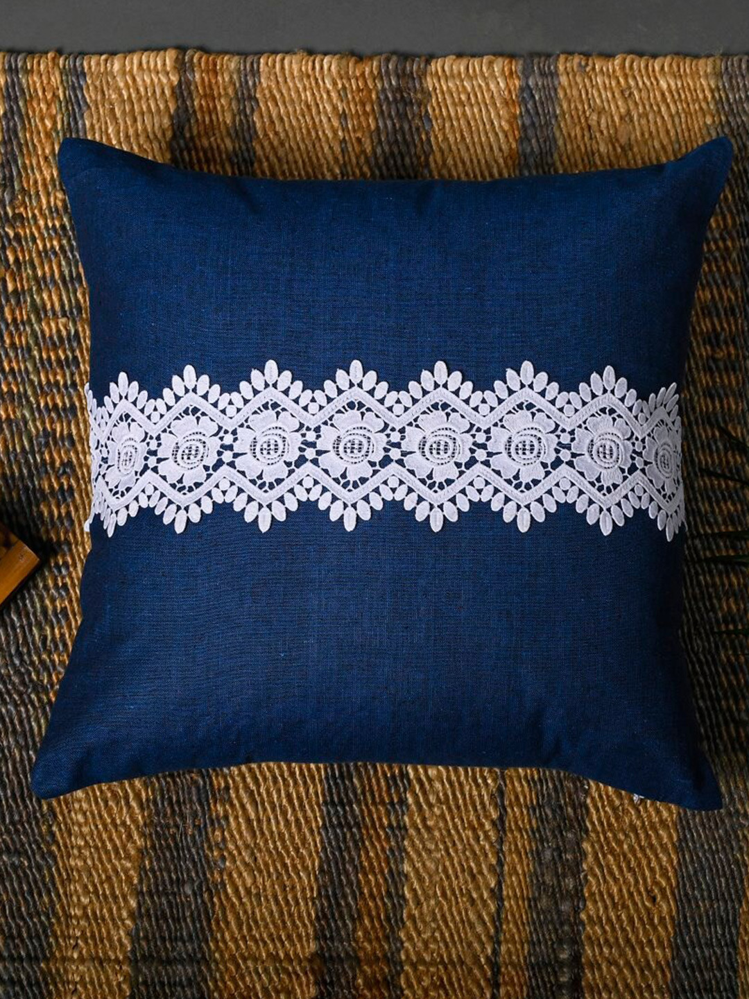 

OUSSUM Blue & White 2 Pieces Lace Design Cotton Square Cushion Covers