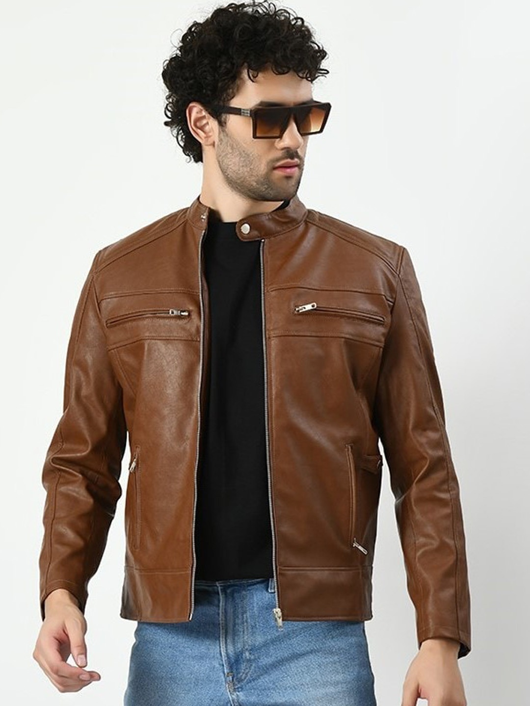 

TBOJ Mandarin Collar Lightweight Anti Odour Leather Jacket, Tan