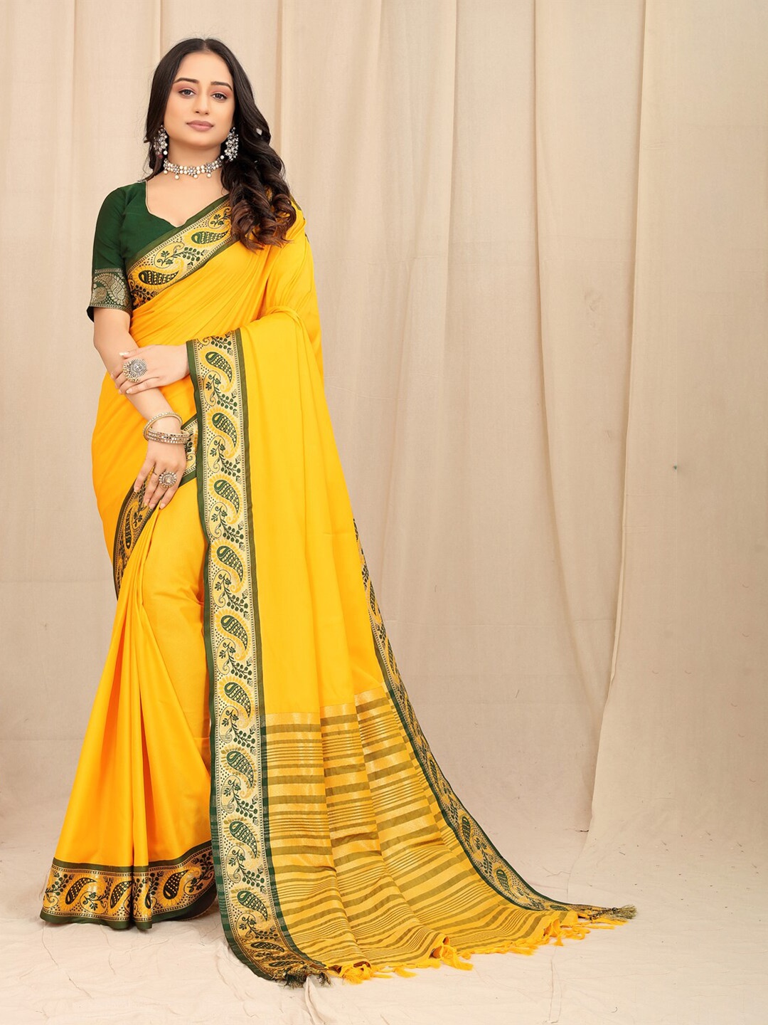 

VILLAGIUS Zari Silk Cotton Mysore Silk Saree, Yellow