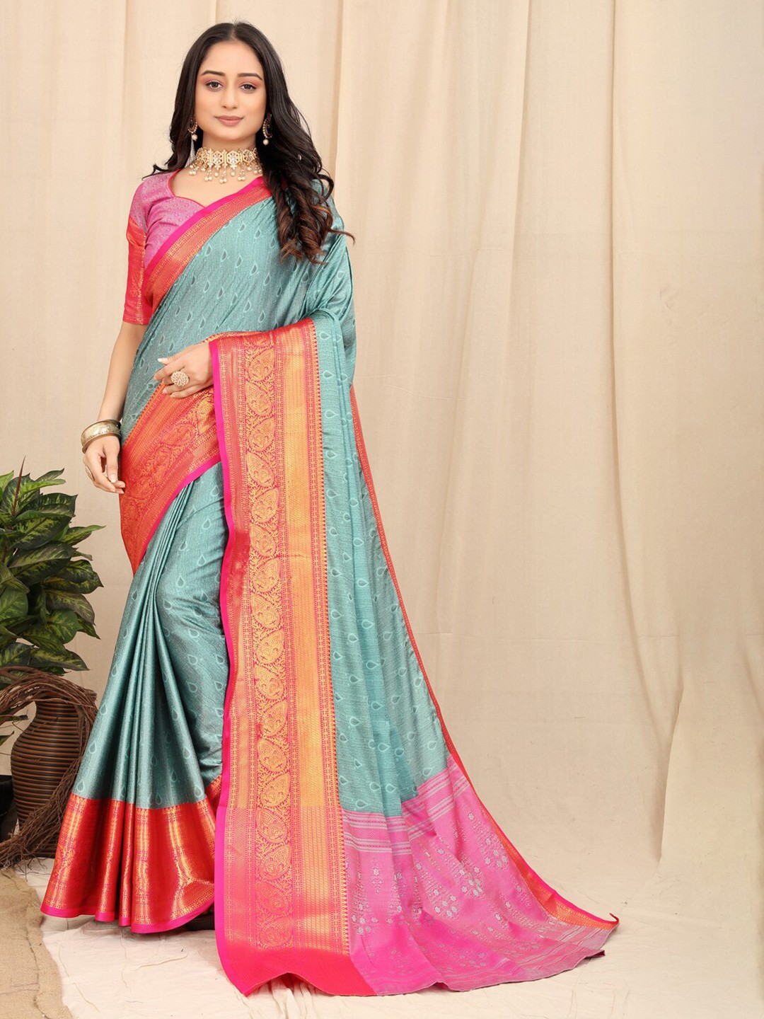 

VILLAGIUS Ethnic Motifs Woven Design Zari Mysore Silk Saree, Turquoise blue