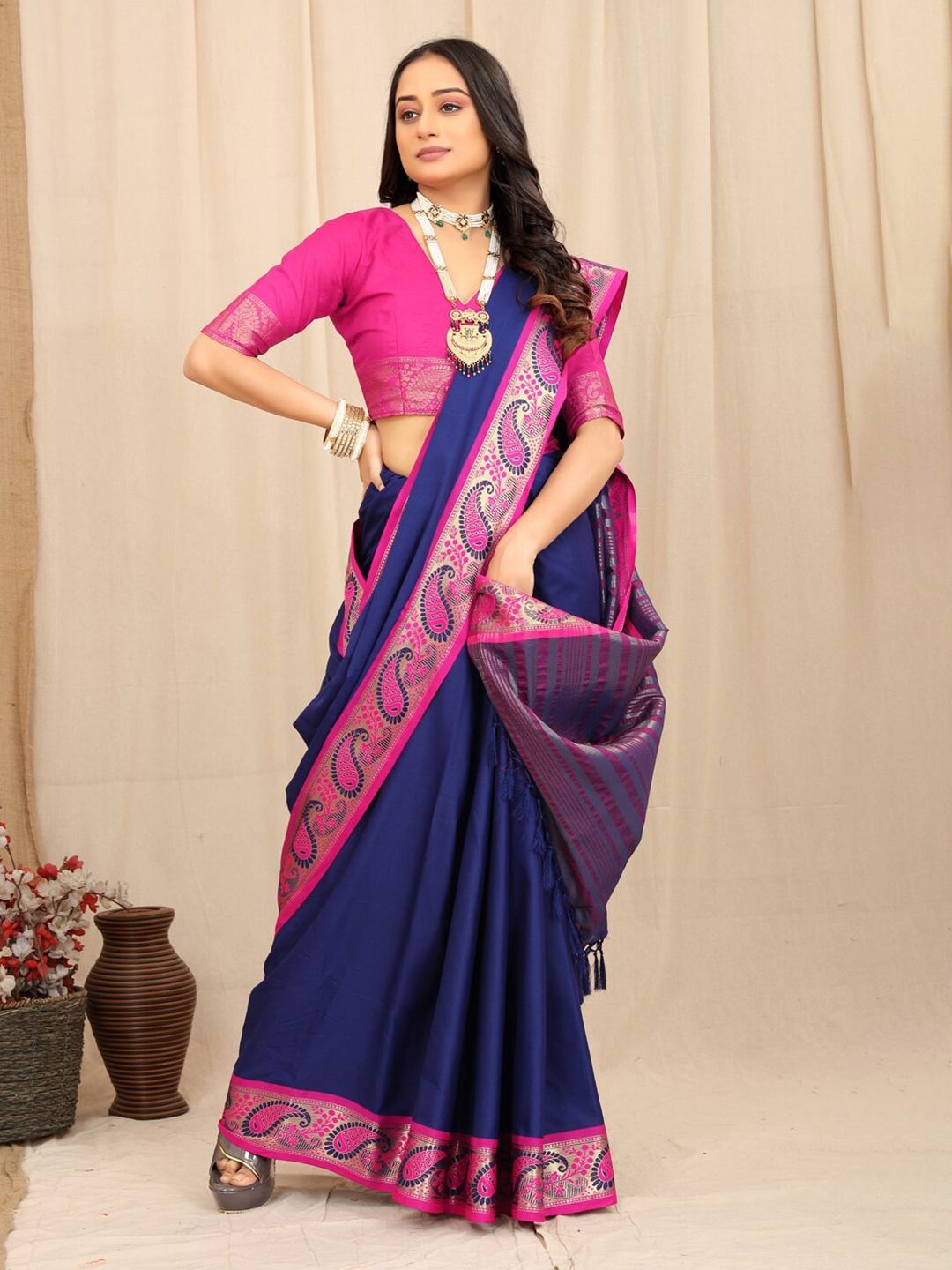 

VILLAGIUS Blue & Pink Zari Silk Cotton Mysore Silk Saree