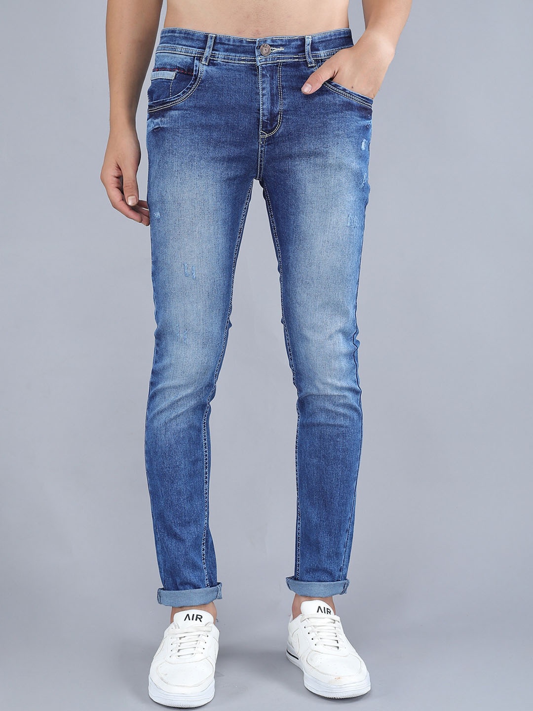 

TQS Men Slim Fit Low Distress Heavy Fade Stretchable Jeans, Blue