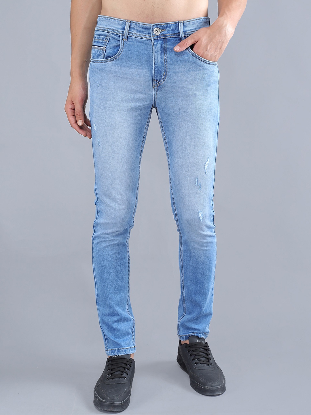 

TQS Men Slim Fit Low Distress Heavy Fade Stretchable Jeans, Blue