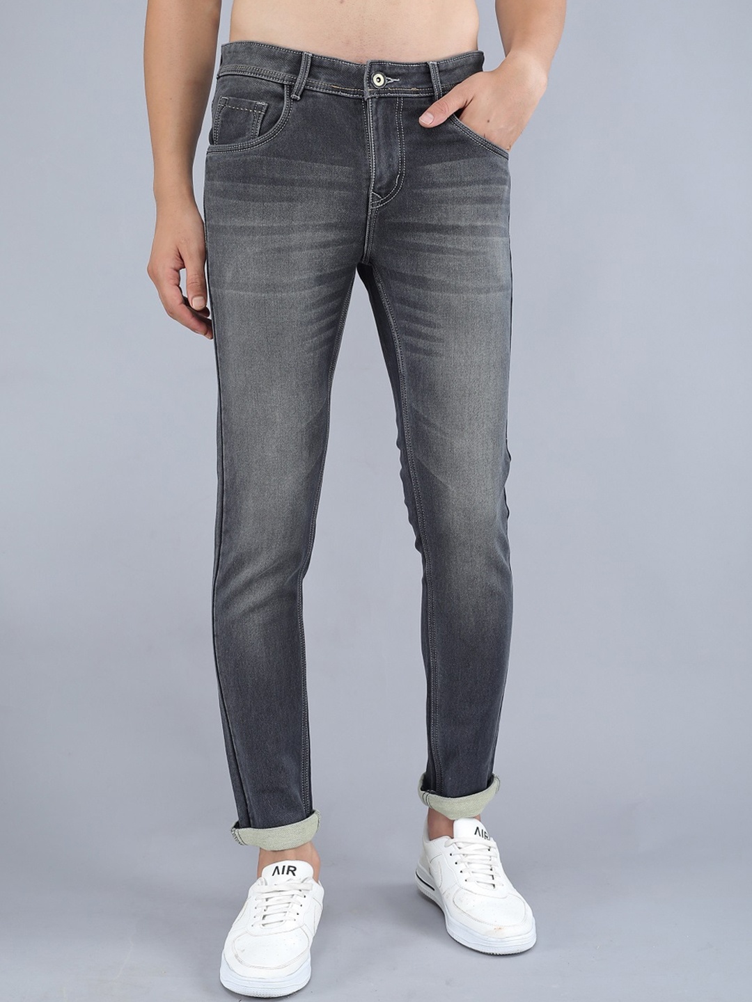 

TQS Men Slim Fit Heavy Fade Whiskers & Chevrons Stretchable Jeans, Black