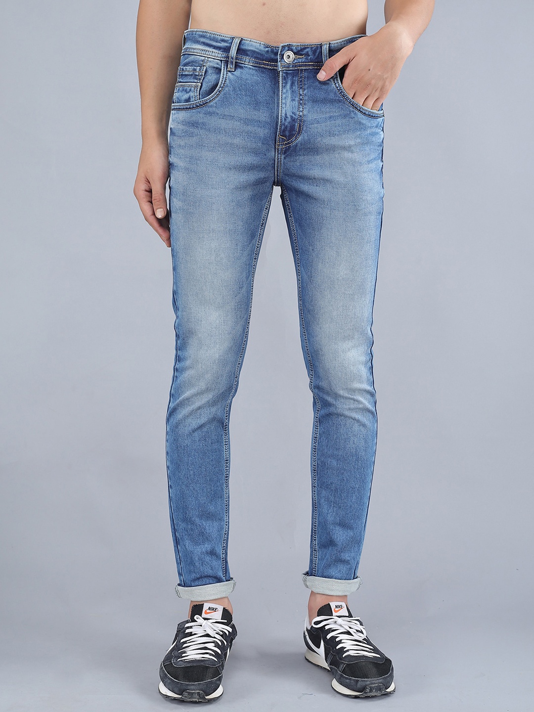 

TQS Men Slim Fit Clean Look Heavy Fade Stretchable Whiskers Jeans, Blue