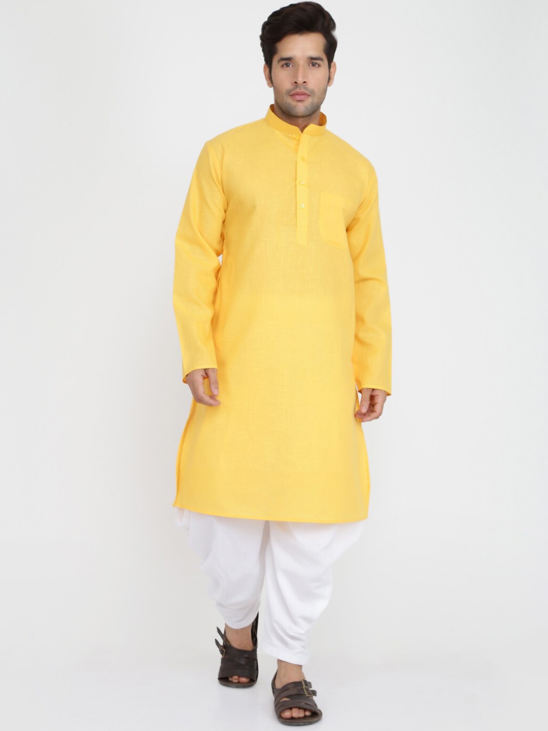 

ROYAL KURTA Mandarin Collar Straight Cotton Kurta, Yellow