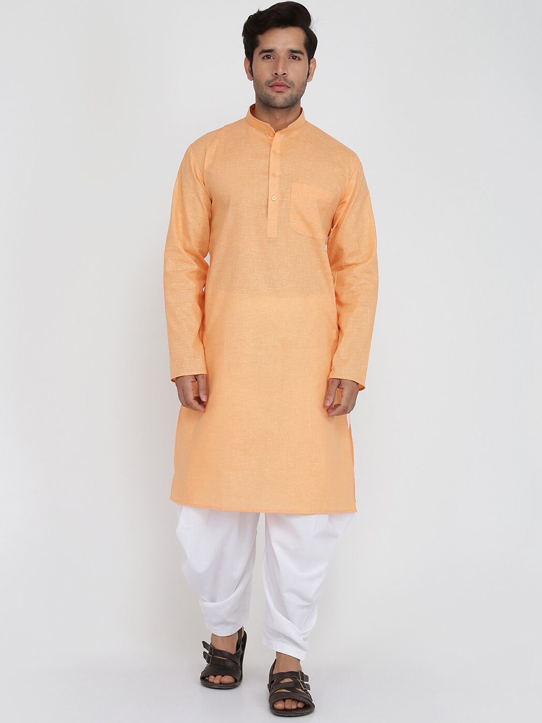 

ROYAL KURTA Mandarin Collar Straight Cotton Kurta, Orange