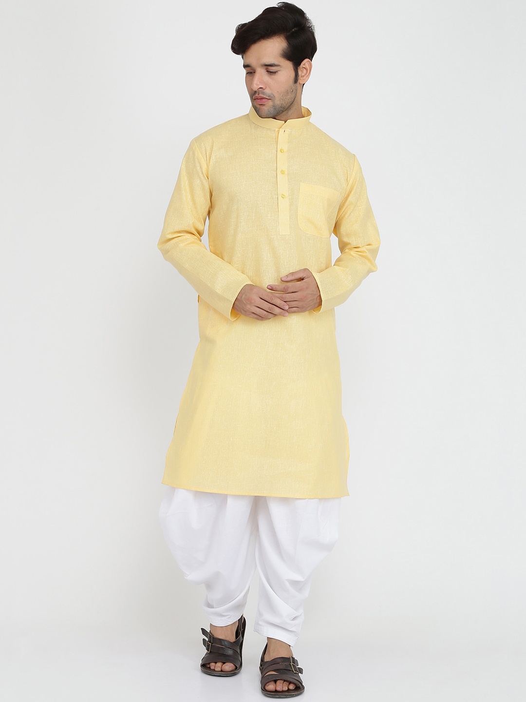 

ROYAL KURTA Mandarin Collar Pure Cotton Straight Kurta With Salwar, Gold