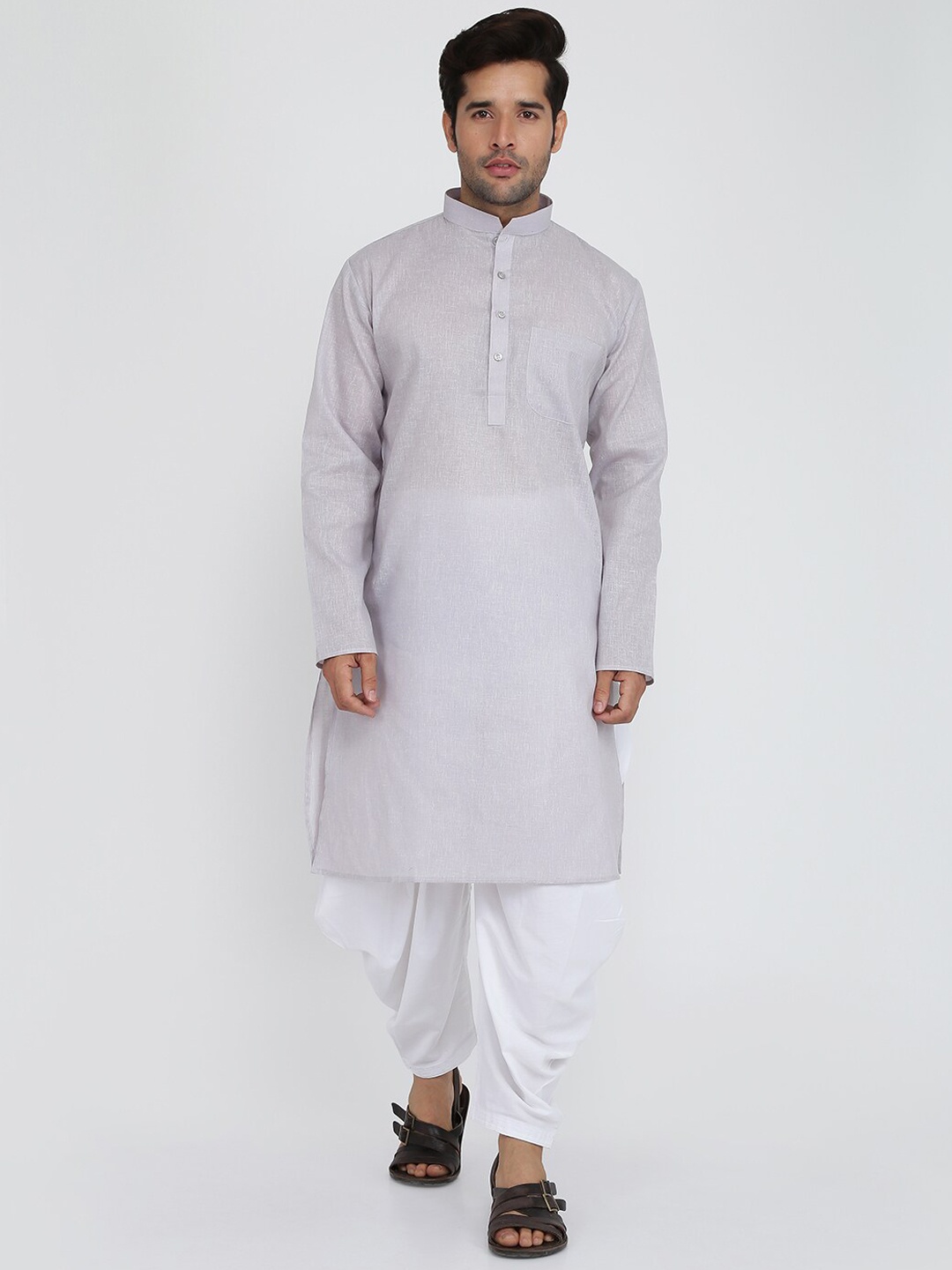 

ROYAL KURTA Mandarin Collar Pure Cotton Straight Kurta With Salwar, Grey