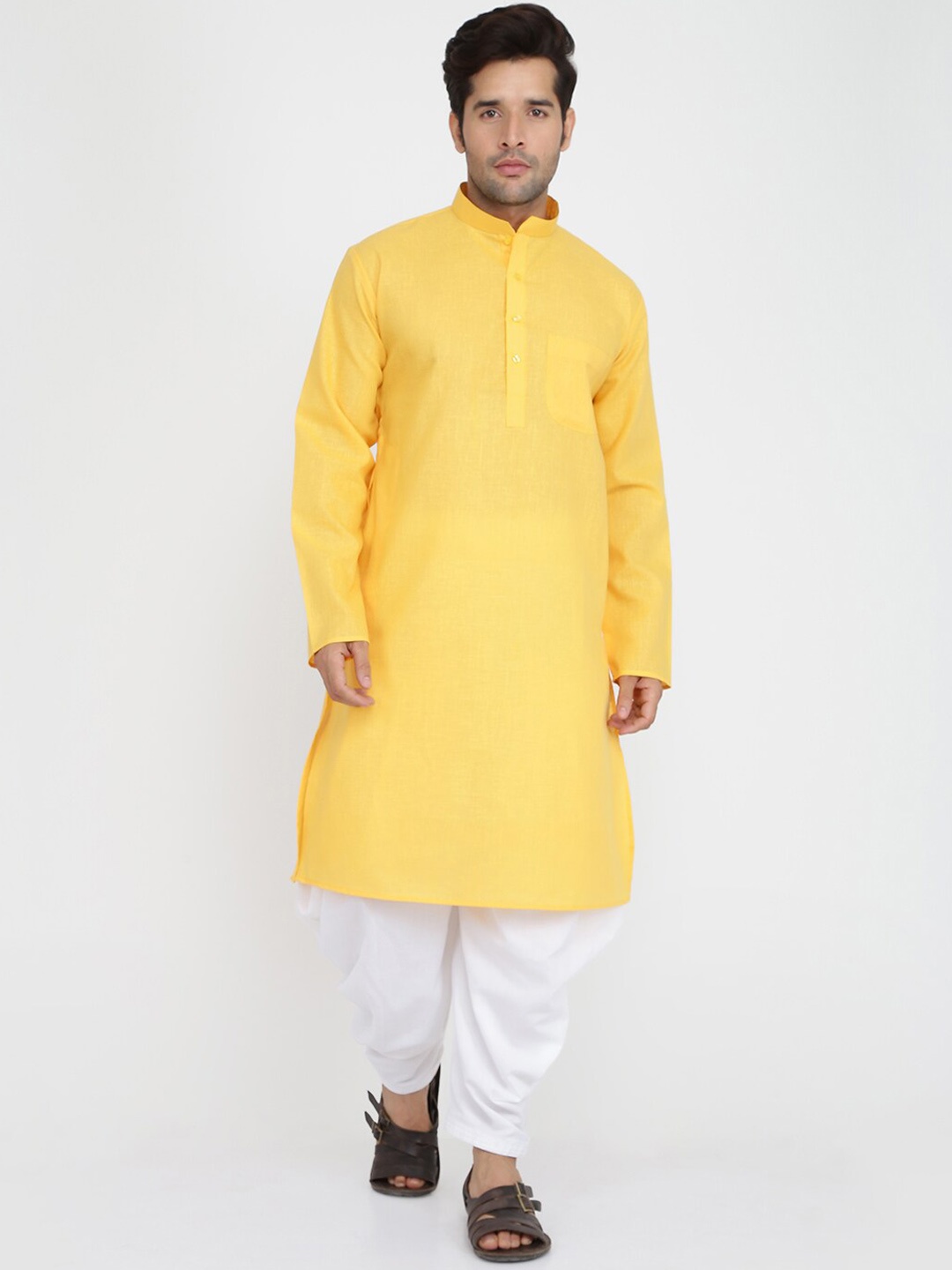 

ROYAL KURTA Mandarin Collar Pure Cotton Straight Kurta With Salwar, Yellow