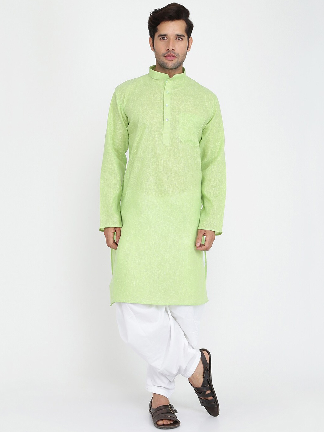 

ROYAL KURTA Mandarin Collar Pure Cotton Kurta With Salwar, Green