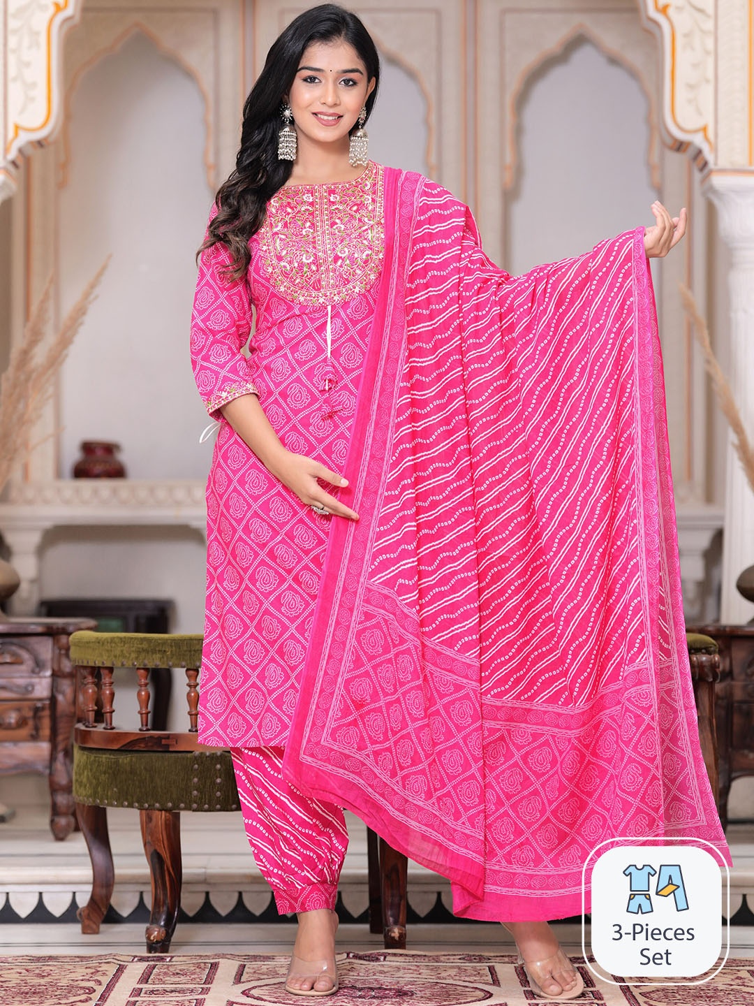 

DORIYA Bandhani Printed Thread Work Straight Kurta With Salwar & Dupatta, Pink