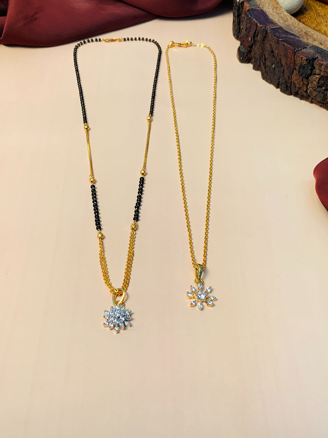 

ABDESIGNS Set of 2 Gold-Plated AD-Studded & Beaded Mangalsutra & Pendant Chain