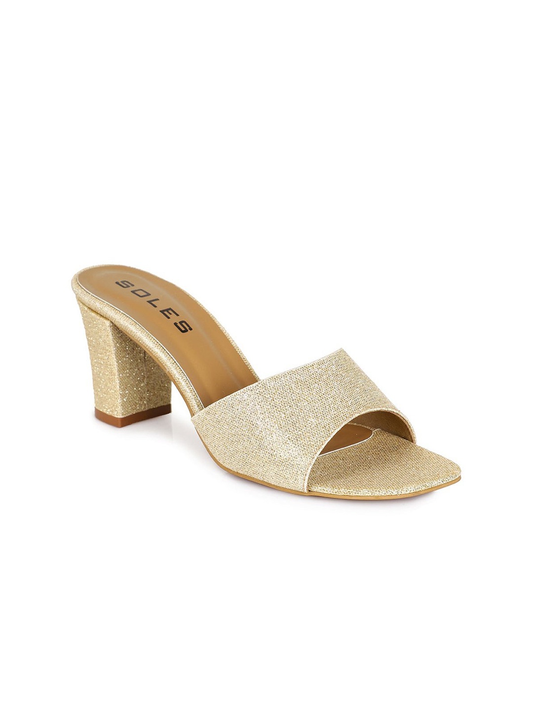 

SOLES Shimmered Open Toe Block Heels, Gold