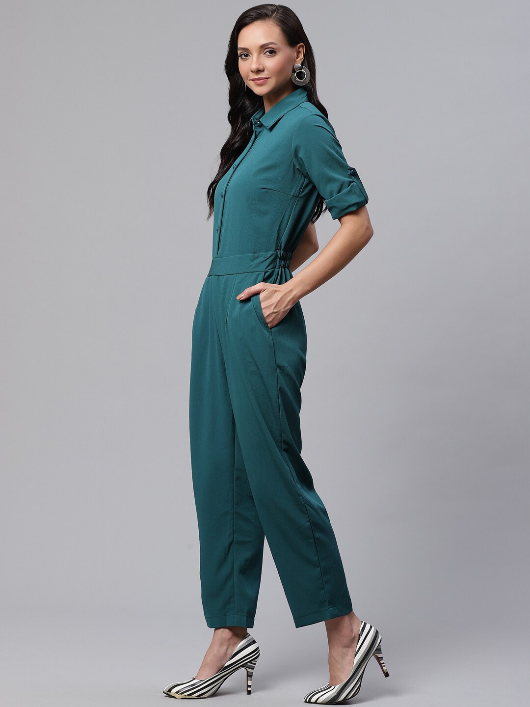 

Chemistry Shirt Collar Basic Jumpsuit, Teal