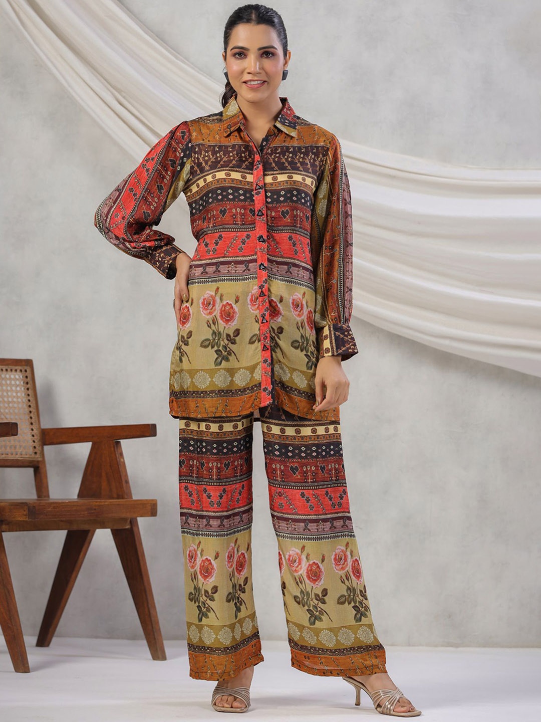 

ZARI Printed Shirt With Trousers, Brown