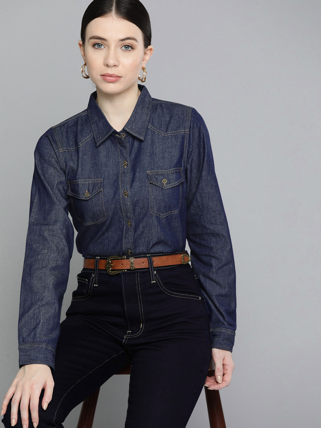 

Chemistry Women Original Opaque Cotton Casual Shirt, Navy blue