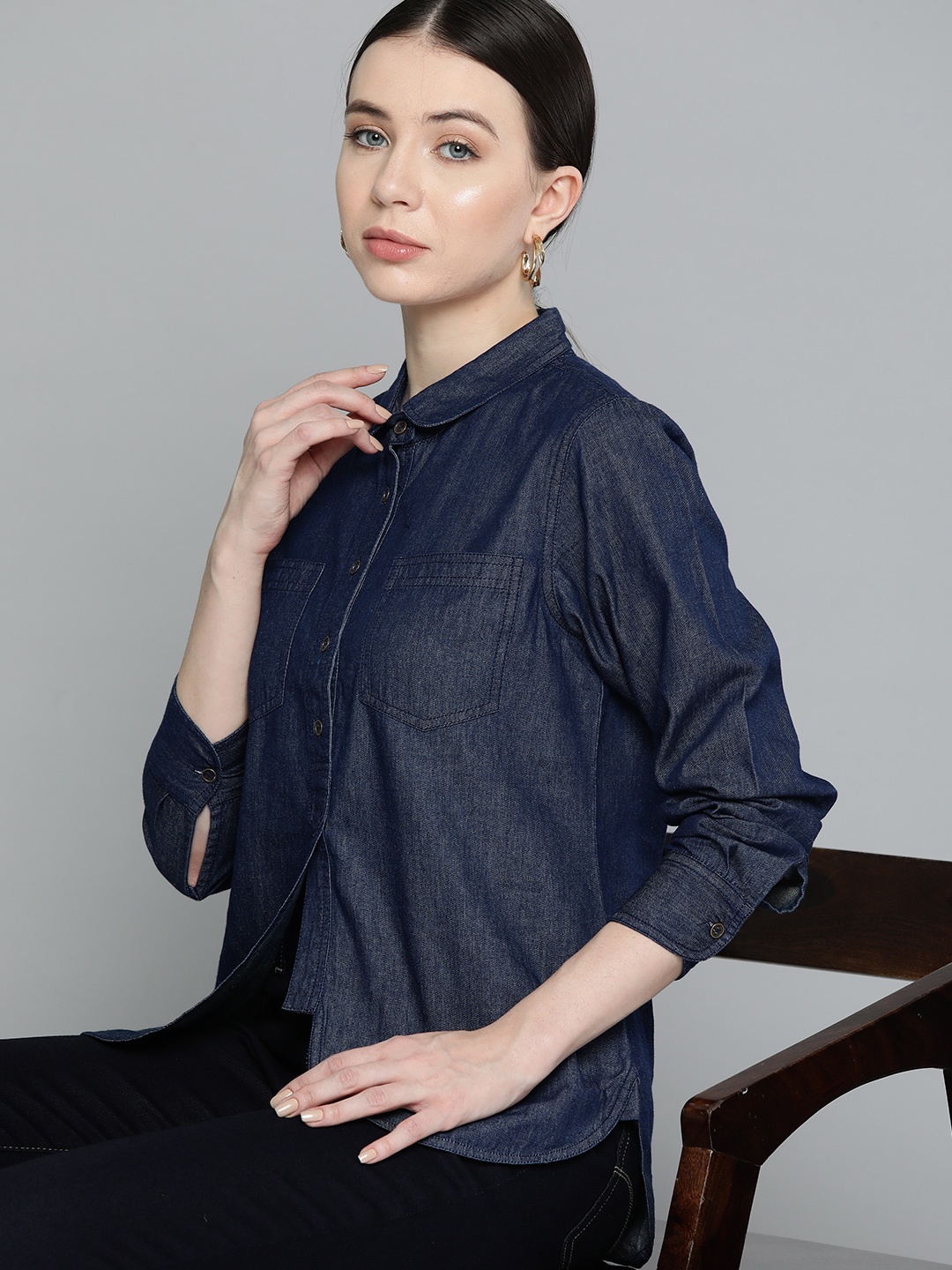 

Chemistry Women Original Opaque Denim Casual Shirt, Navy blue