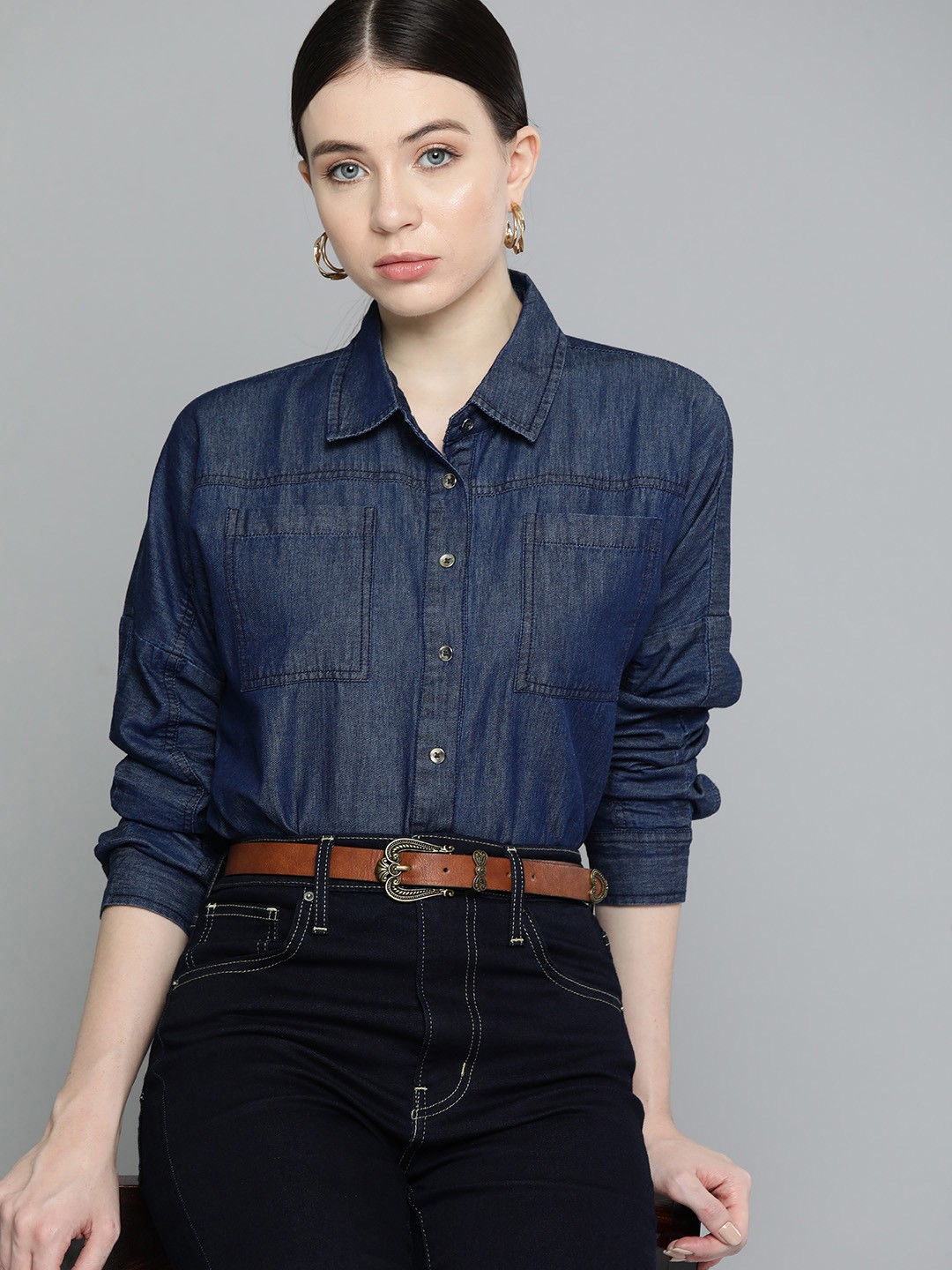 

Chemistry Women Original Opaque Cotton Casual Shirt, Navy blue