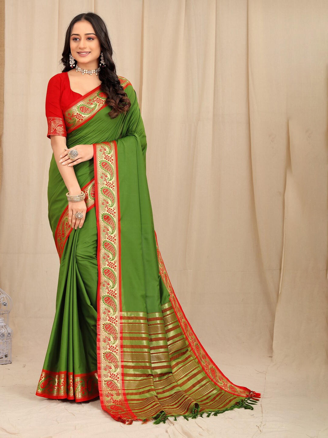 

KALINI Zari Silk Cotton Mysore Silk Saree, Fluorescent green