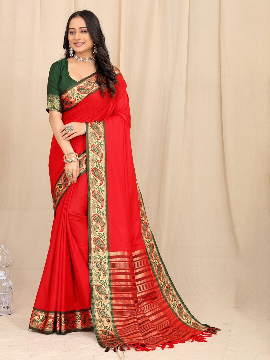 

KALINI Zari Silk Cotton Mysore Silk Saree, Red