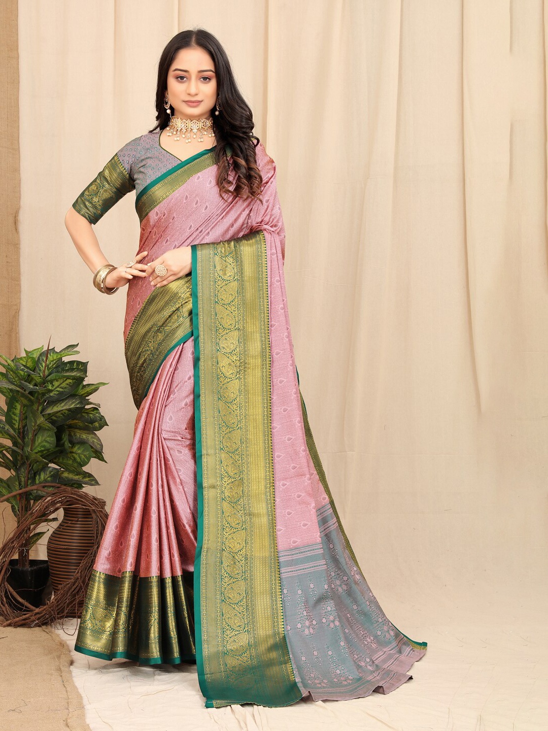 

KALINI Ethnic Motifs Woven Design Zari Silk Cotton Mysore Silk Saree, Pink
