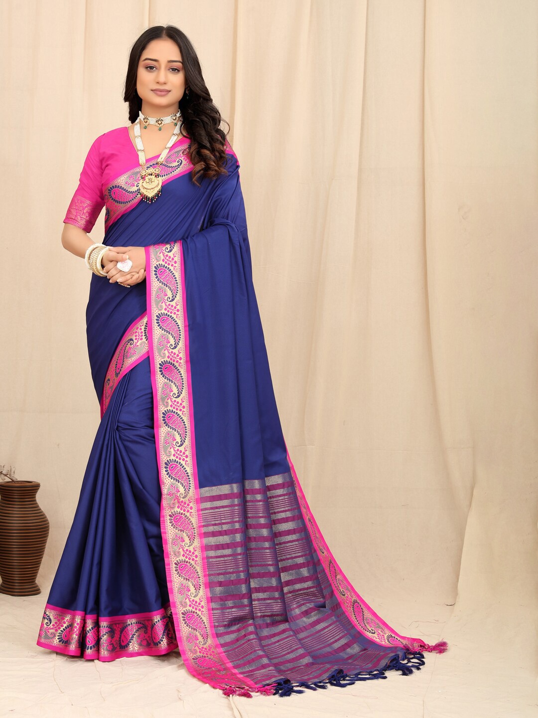

KALINI Paisley Woven Design Zari Mysore Silk Saree, Blue