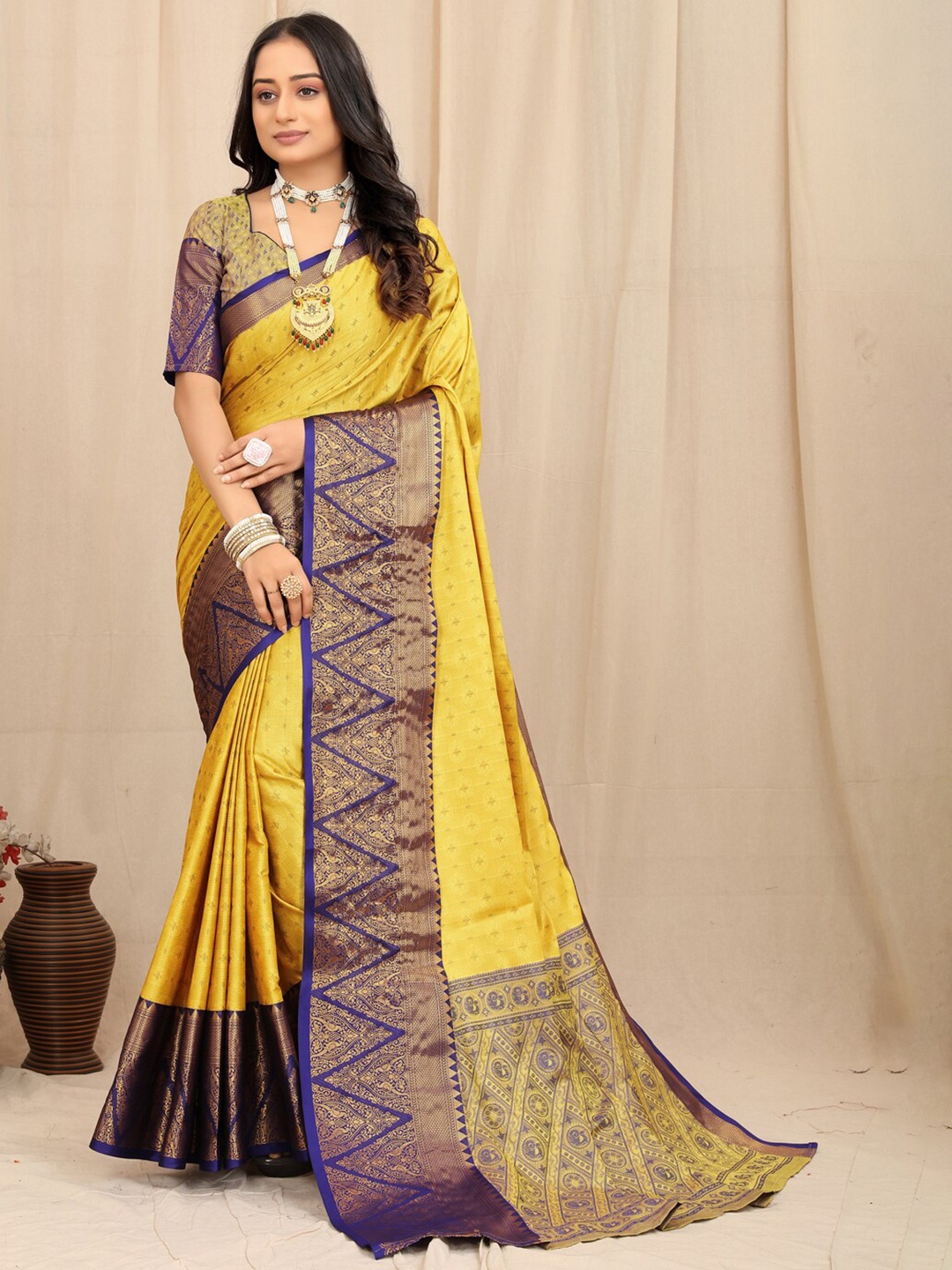 

KALINI Ethnic Motifs Woven Design Zari Silk Cotton Saree, Yellow