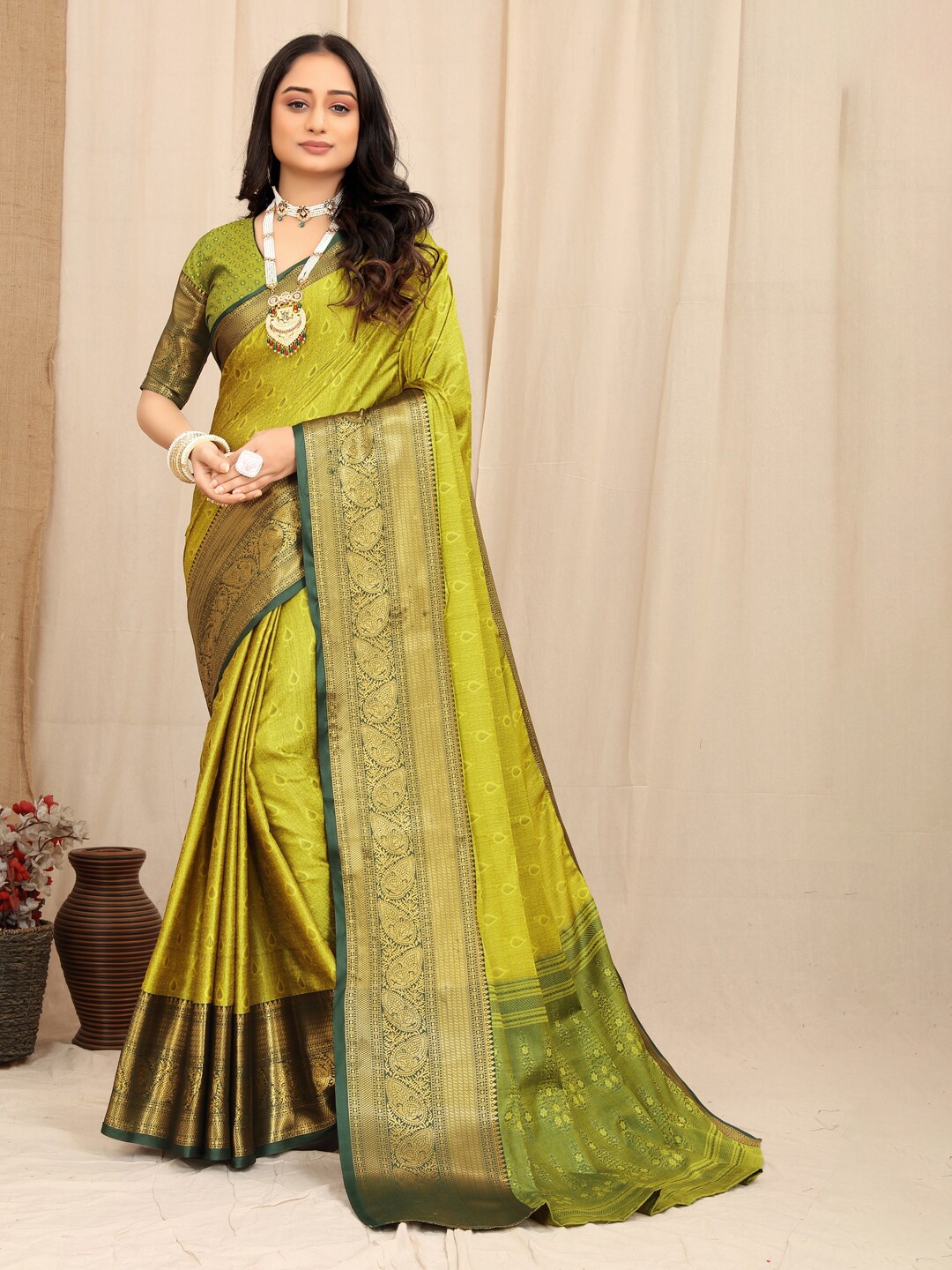 

KALINI Ethnic Motifs Woven Design Zari Silk Cotton Saree, Lime green