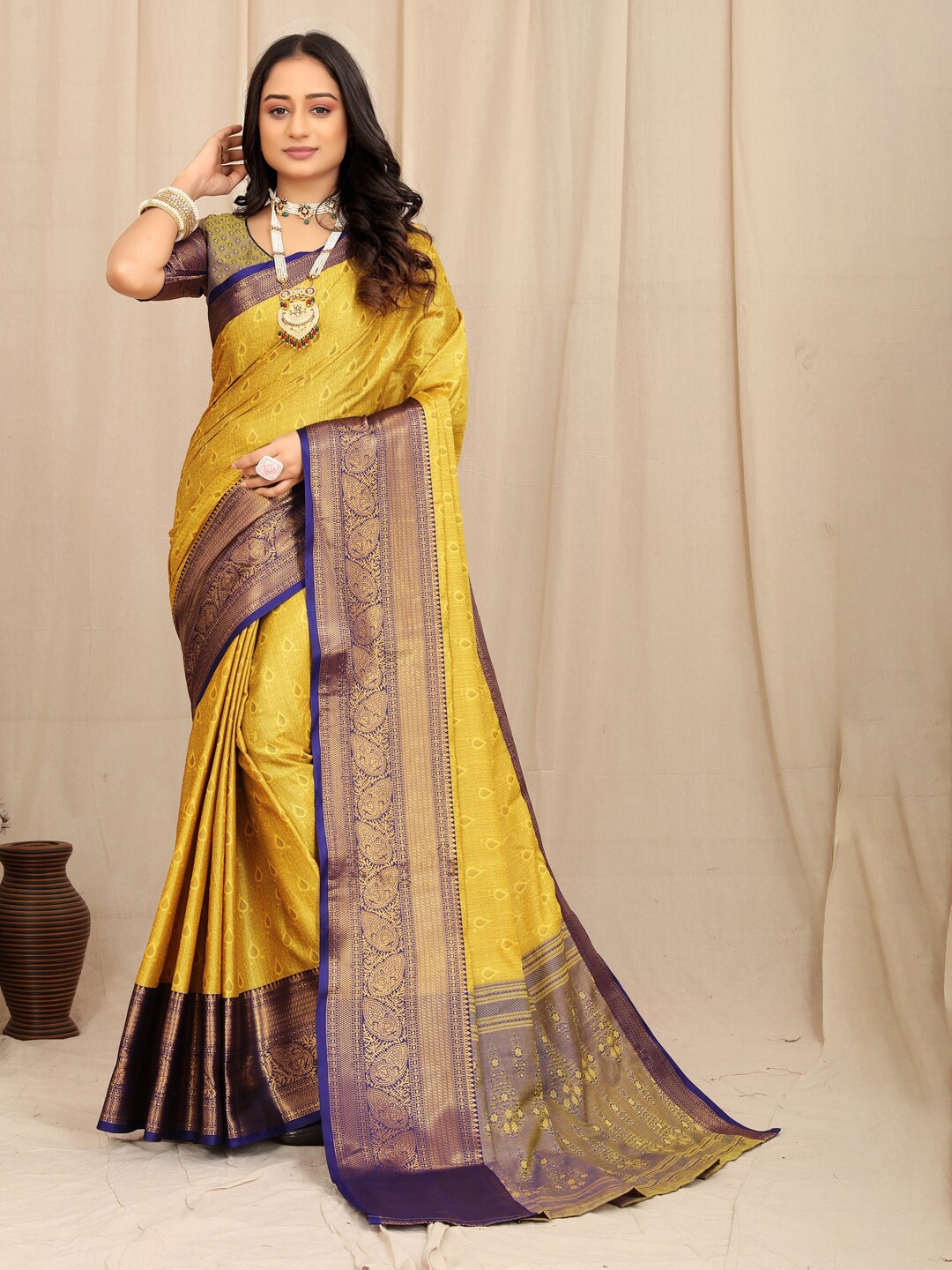 

KALINI Woven Design Zari Mysore Silk Saree, Yellow