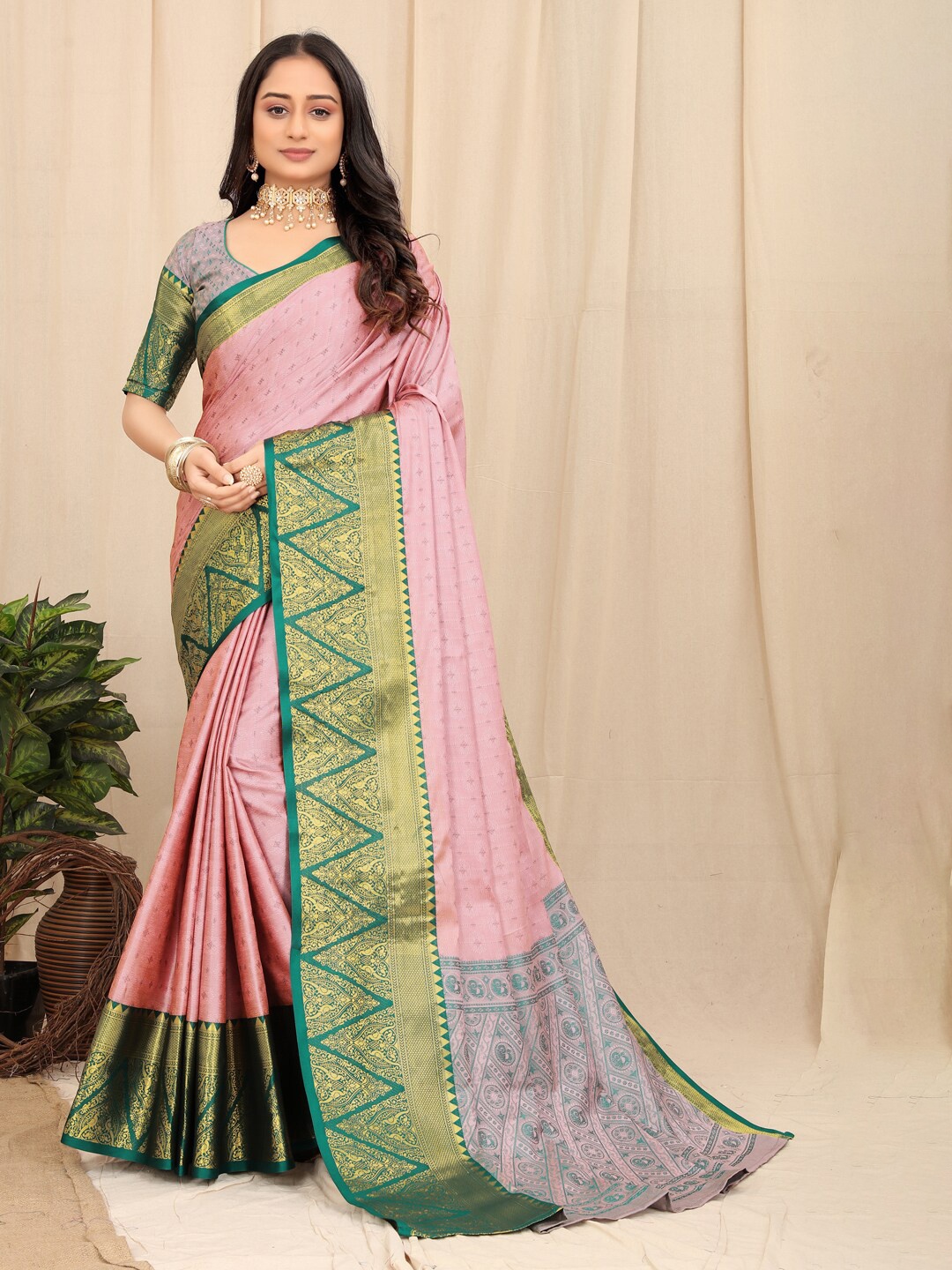 

KALINI Ethnic Motifs Woven Design Zari Silk Cotton Mysore Silk Saree, Pink