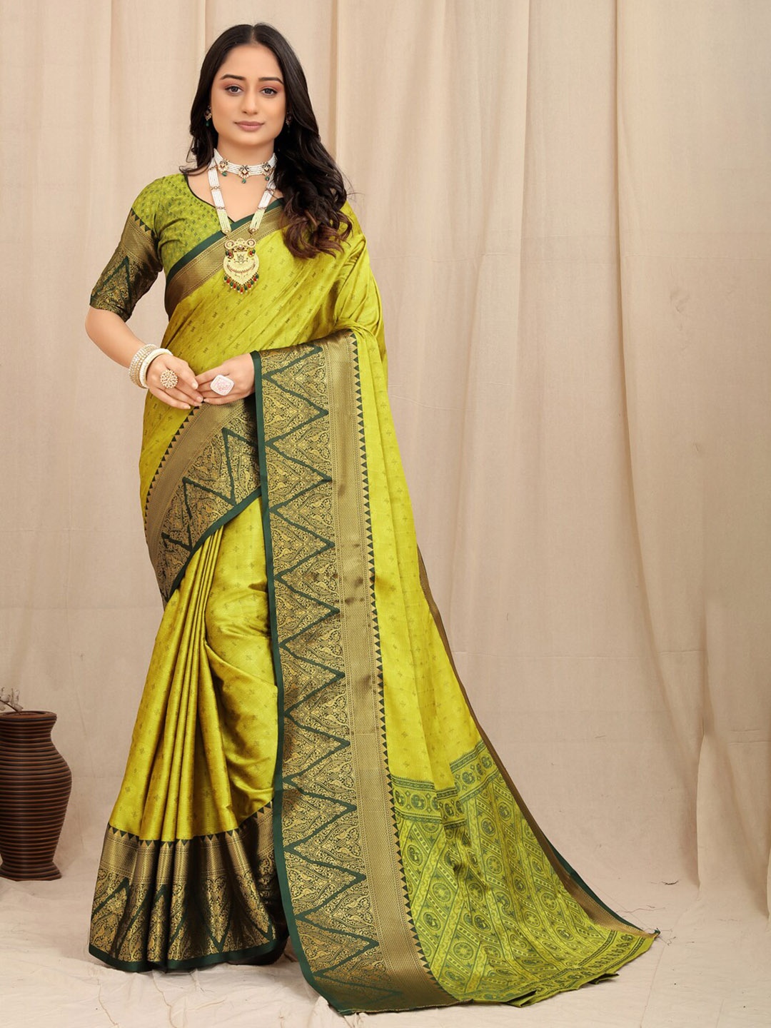 

KALINI Lime Ethnic Motifs Woven Design Zari Silk Cotton Saree, Lime green