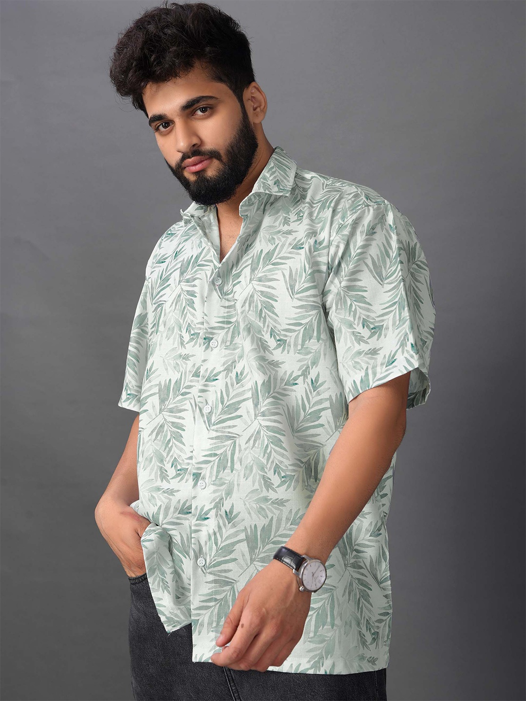 

BROWN BROTHERS Relaxed Floral Printed Spread Collar Oversized Casual Shirt, Green