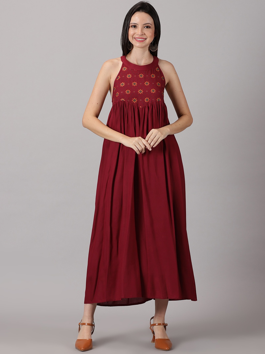

DK FAB Floral Printed Round Neck Sleeveless Gathered Casual Empire Midi Dress, Maroon