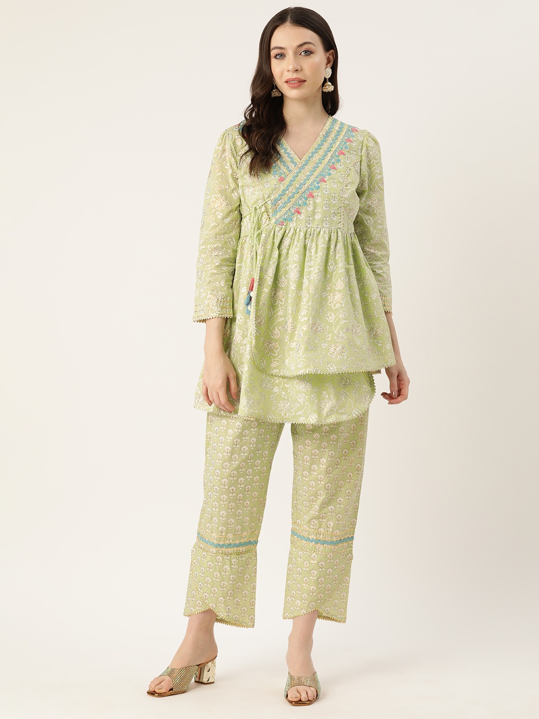 

MISRI Floral Print Gotta Patti Pure Cotton Ethnic Co-Ords, Green