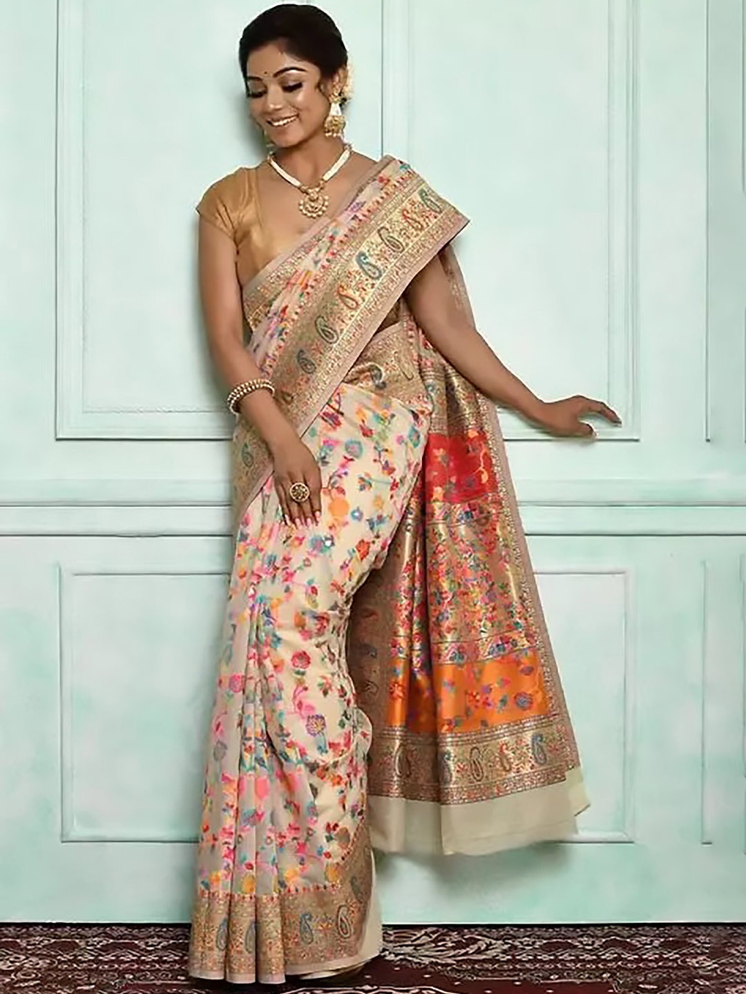 

KALINI Floral Woven Design Zari Pashmina Kanjeevaram Saree, Cream