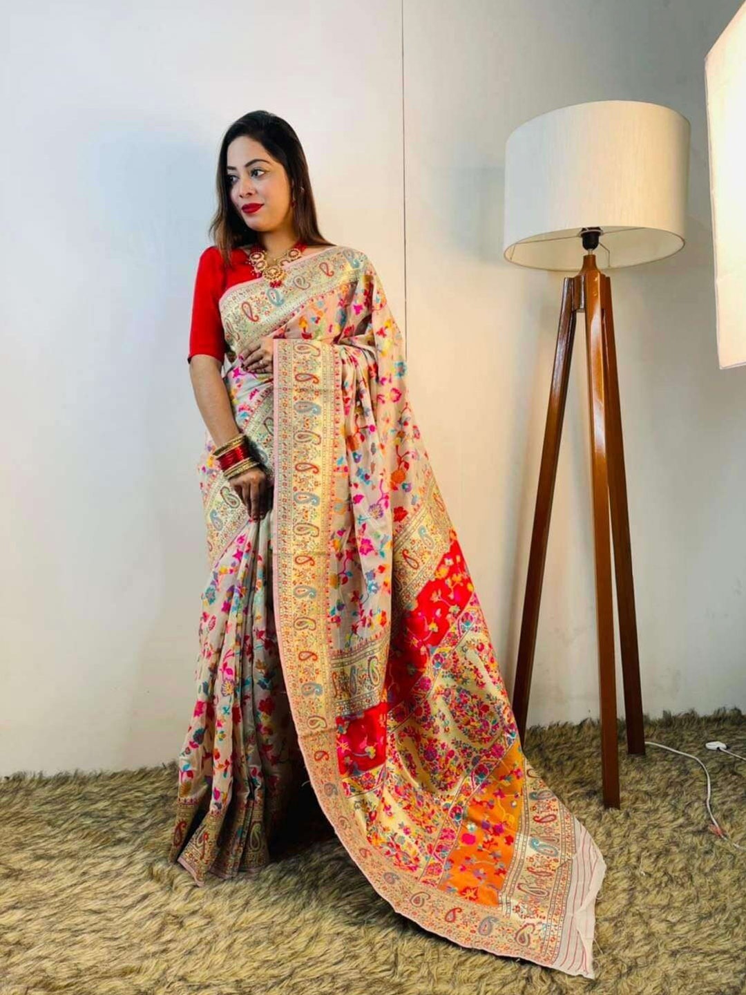 

KALINI Ethnic Motifs Woven Design Zari Pashmina Banarasi Saree, Cream
