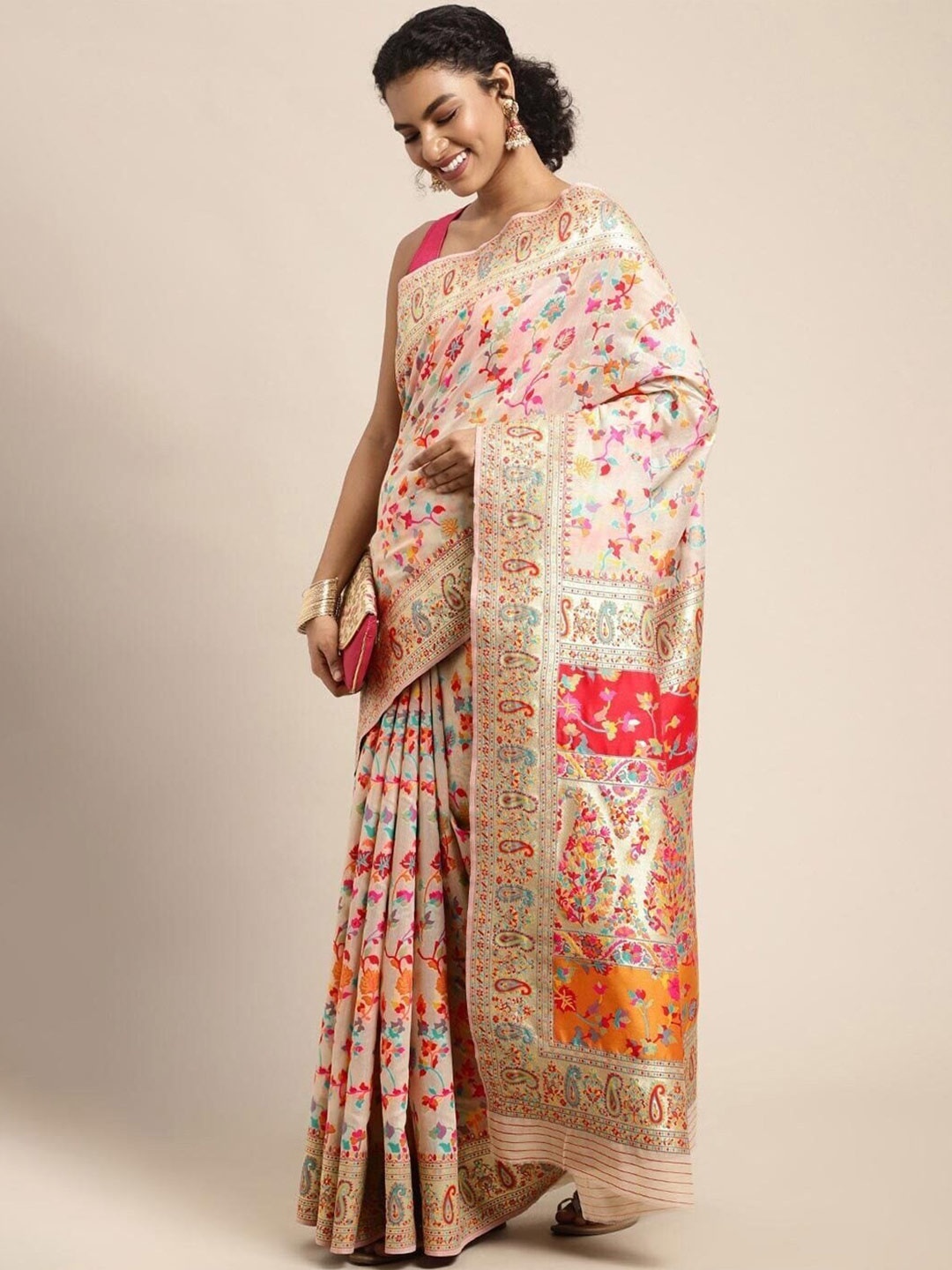 

KALINI Floral Woven Design Zari Pashmina Banarasi Saree, Cream