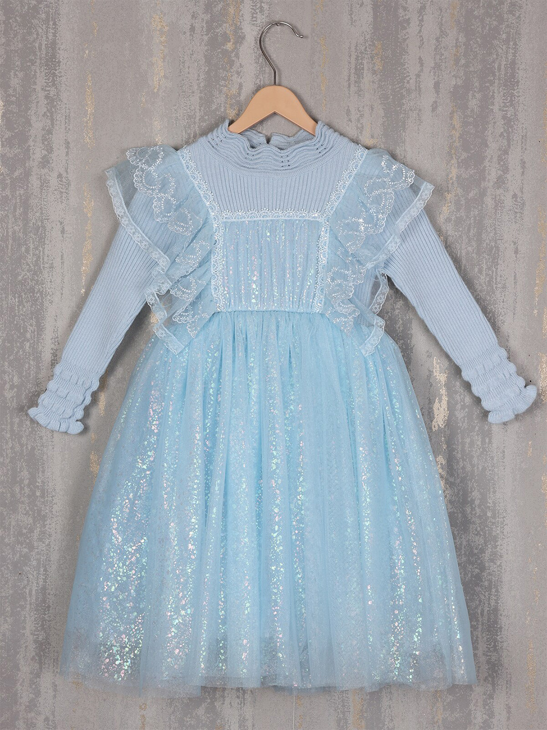

Albion Girls Ruffled Embellished Woollen Fit & Flare Dress, Blue