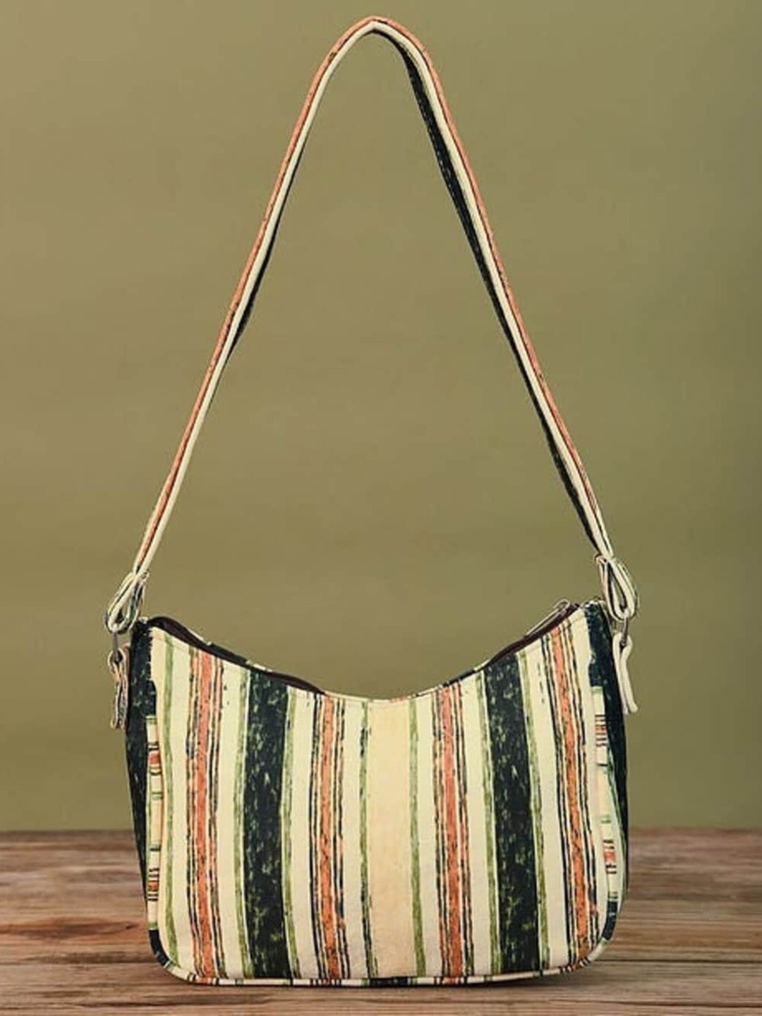 

Jalwa Art Striped Suede Shoulder Bag, Cream