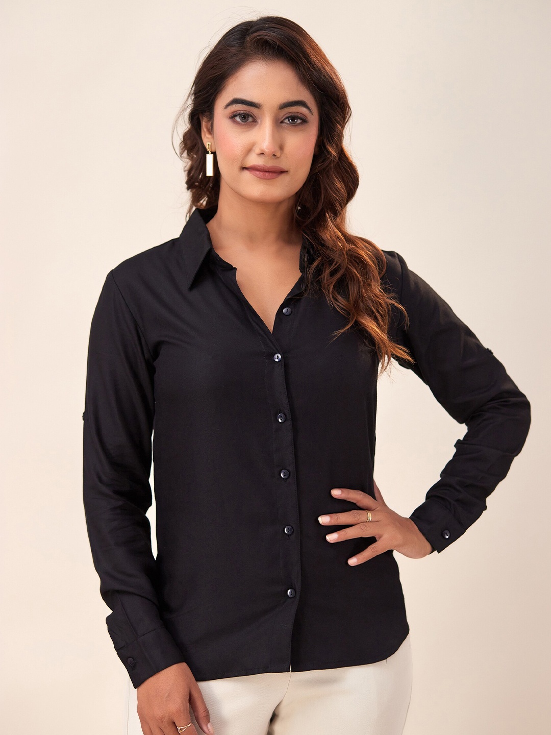 

HERE&NOW Spread Collar Regular Fit Opaque Casual Shirt, Black