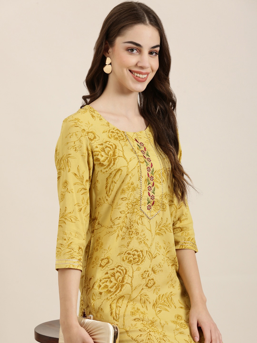 

SHOWOFF Floral Printed Cotton Straight Kurta, Mustard