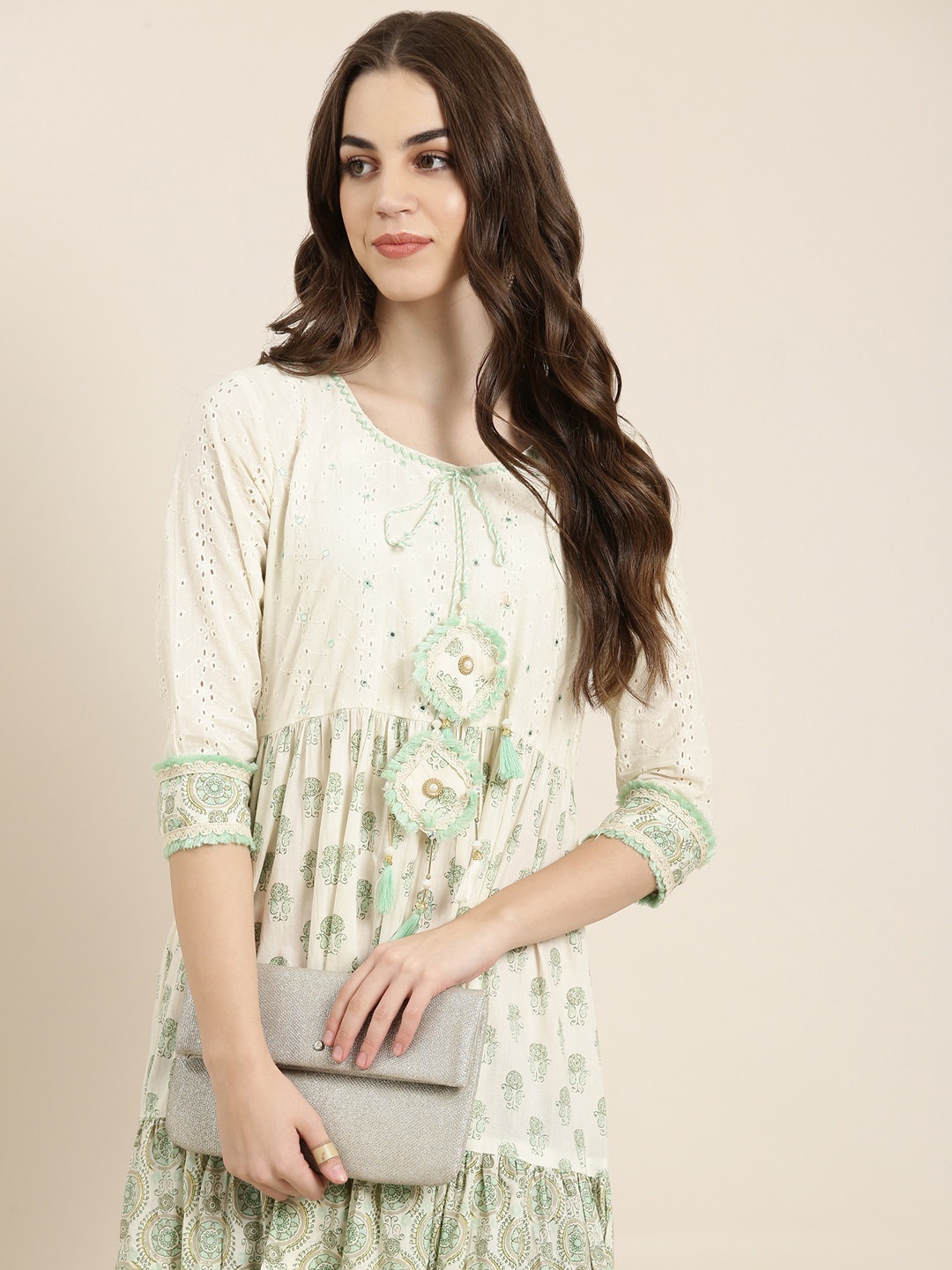 

SHOWOFF Ethnic Motifs Printed Mirror Work Pure Cotton Anarkali Kurta, Cream