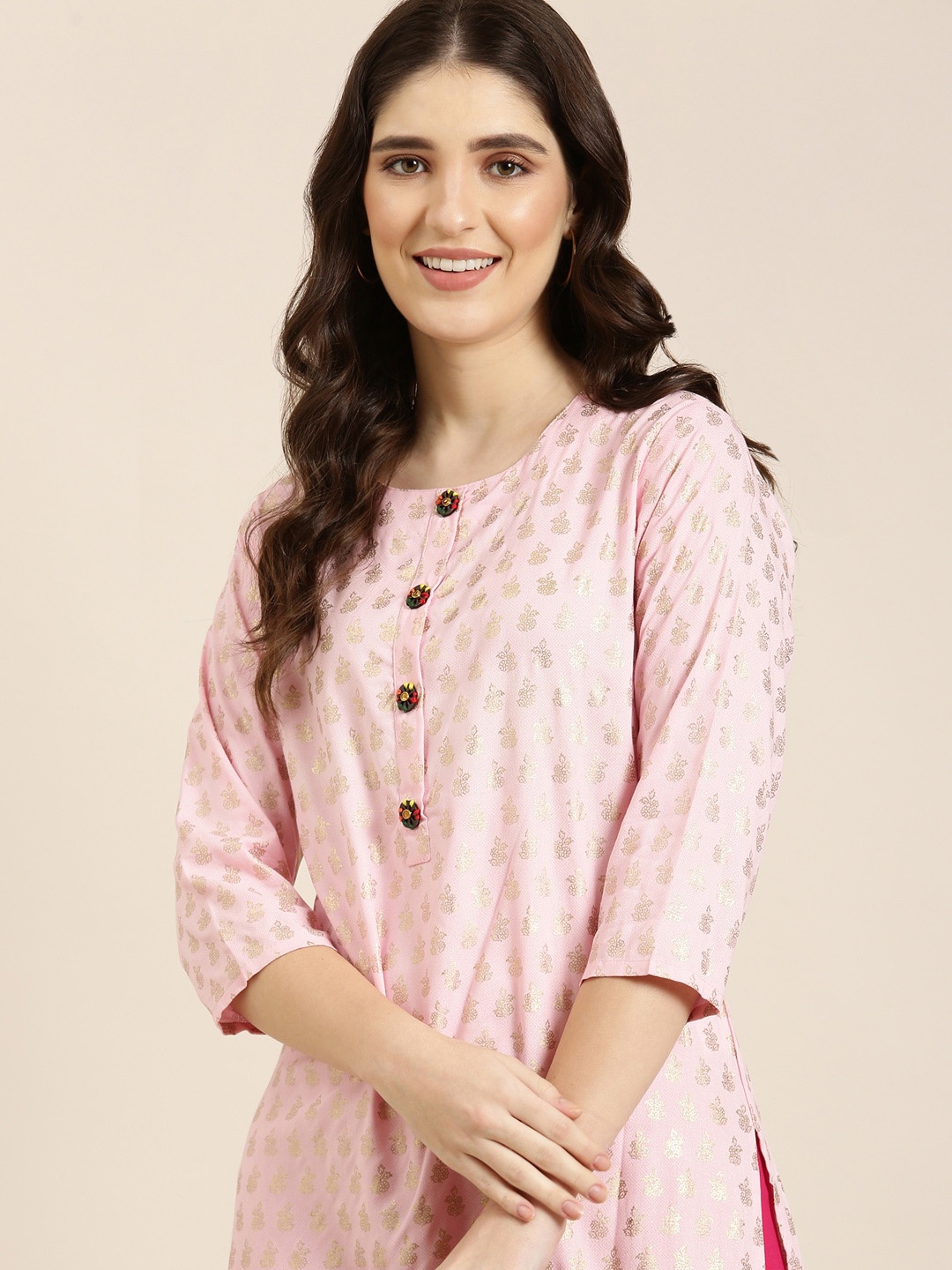 SHOWOFF Ethnic Motifs Printed Straight Kurta, Pink